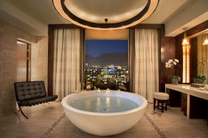 A One&Only guest bathroom overlooking Table Mountain in Cape Town, South Africa