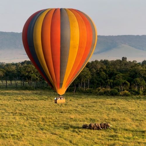 A hot air balloon floating over a herd of elephants in Africa.