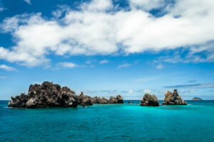 A view of the ocean and islands in the Galapagos Islands.