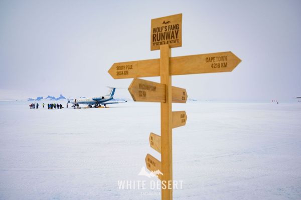 The sign at Wolf's Fang Runway in Antarctica