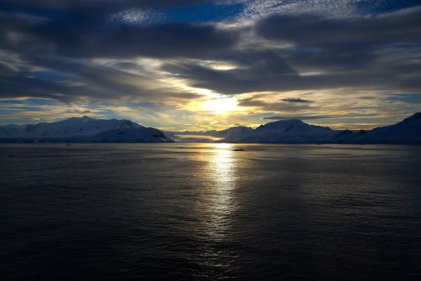 Sunset on the ocean in Antarctica