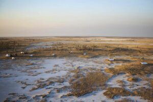 Arial view of San Camp in Botswana