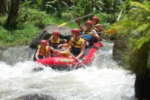 Group of people white water rafting in Bali.