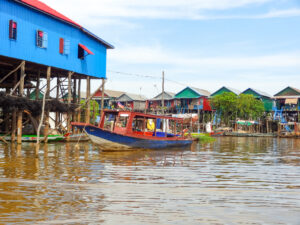 A traditional settlement with wooden houses at the Tonle Sap lake in Cambodia.