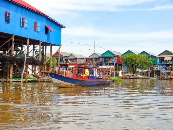 A traditional settlement with wooden houses at the Tonle Sap lake in Cambodia.