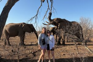 Two female travelers in front of African elephants.