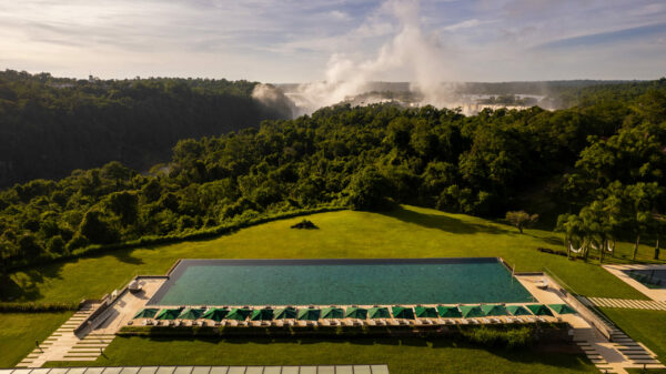 The view of the spray from Iguazu Falls from the Gran Malia Hotel.