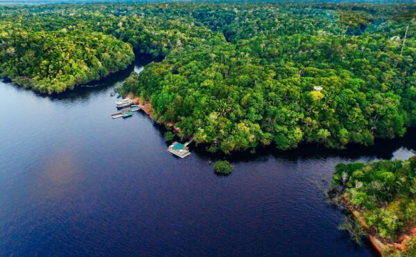 An aerial veiw of Anavihanas Lodge in Brazil.